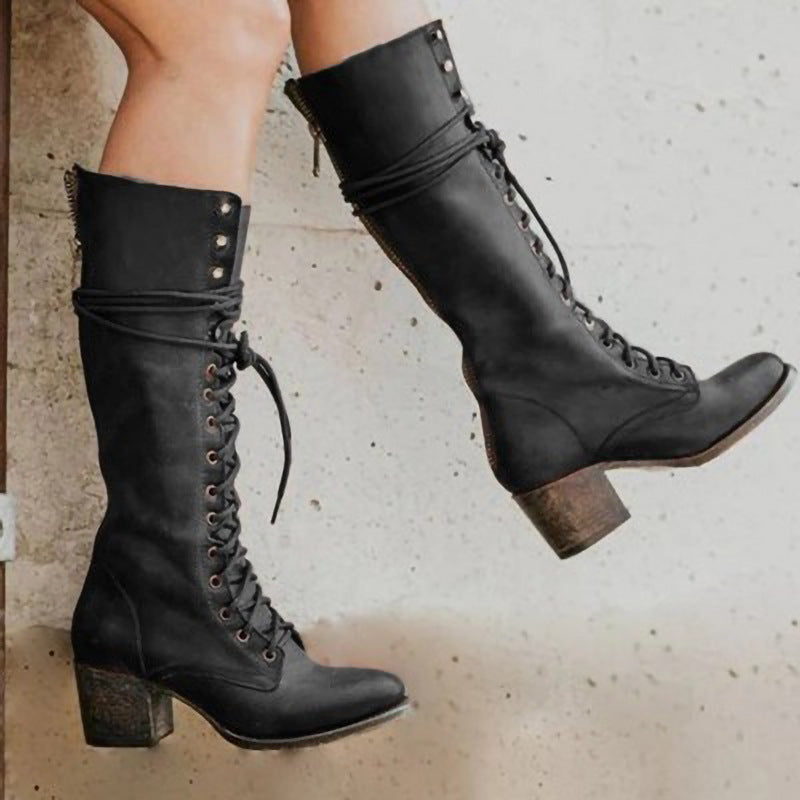 Women’s Verona Vintage Lace-Up Knee-High Boots – Block Heel Retro Style