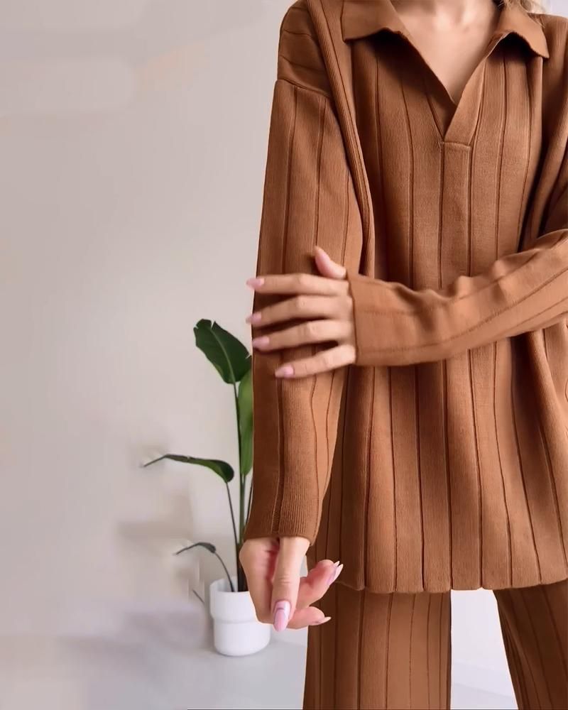 Women’s Ribbed Two-Piece Set - Relaxed Fit Top and Pants