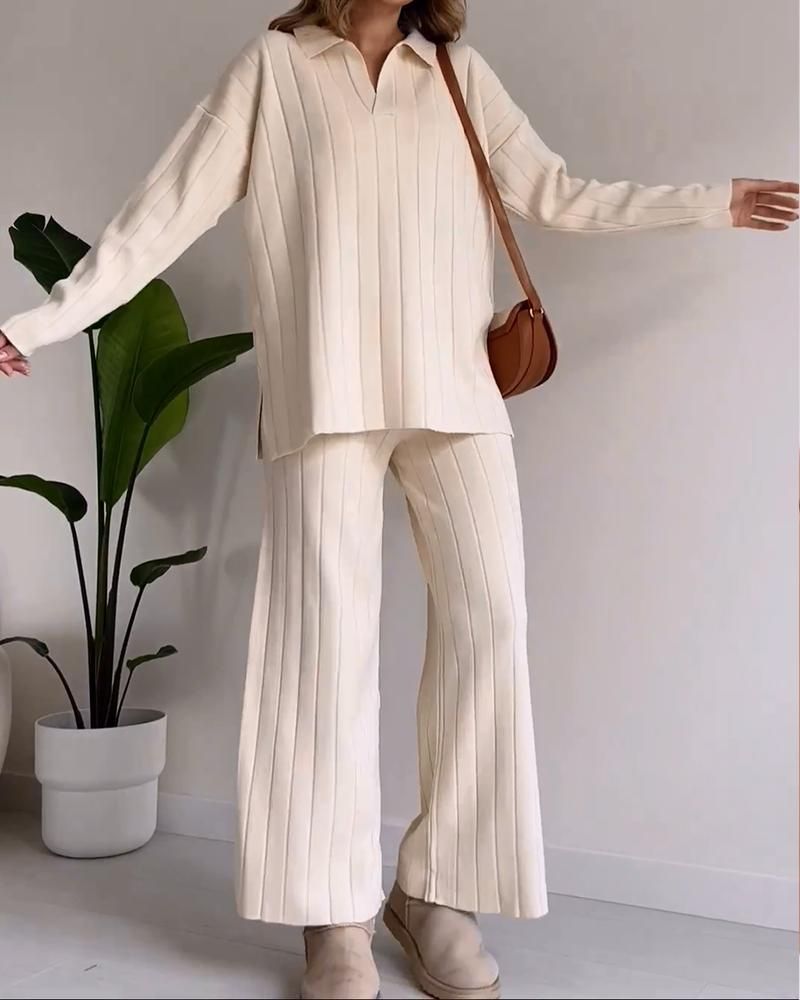 Women’s Ribbed Two-Piece Set - Relaxed Fit Top and Pants