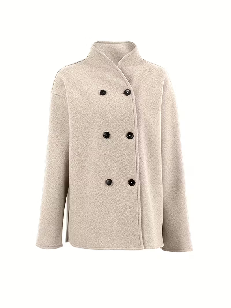 Women’s Stand Collar Button-Up Coat - Front Pocket Short Jacket