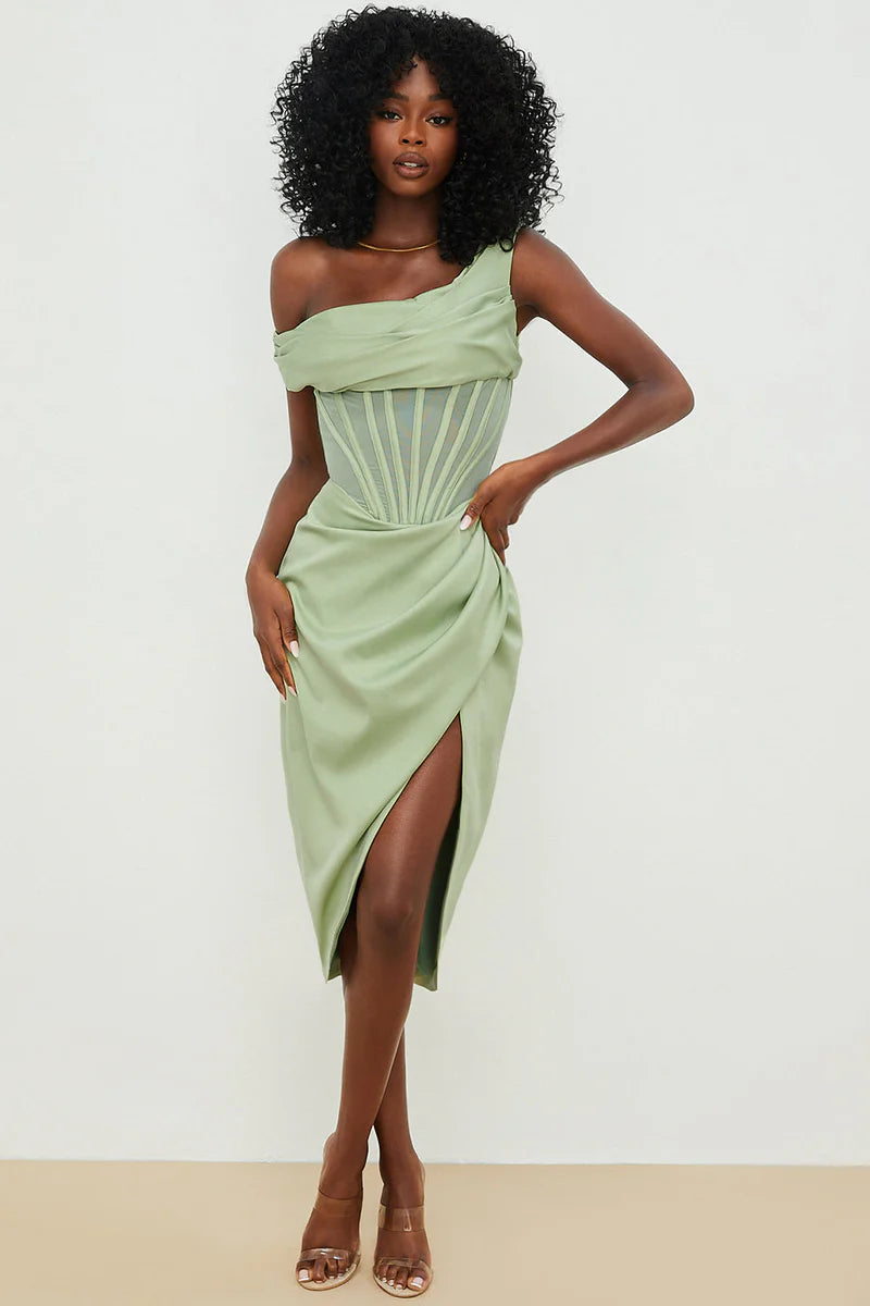Kathy - Asymmetrical Draped Midi Corset Dress