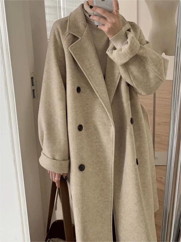 Women's Classic Double-Breasted Belted Long Coat - Lapel Collar