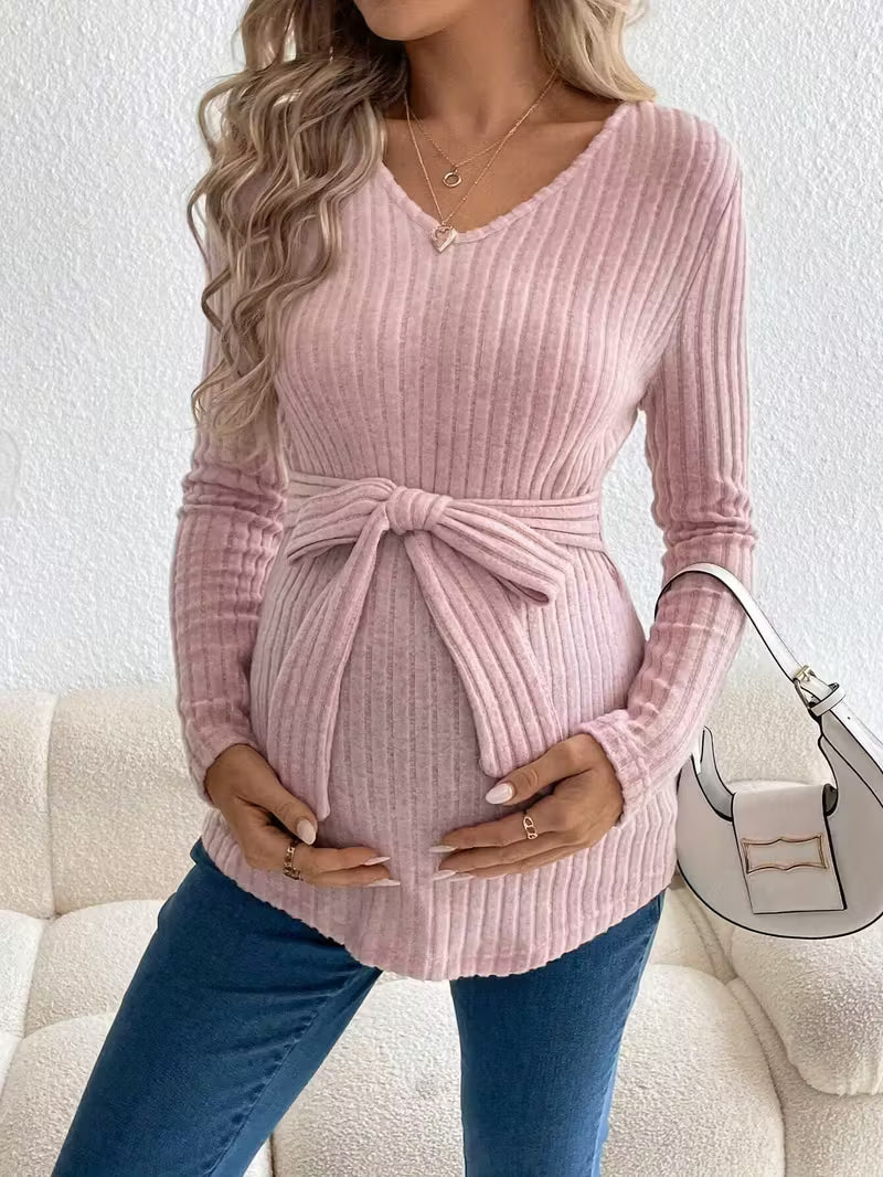 Women’s Maternity Ribbed Knit Top with Waist Tie - Long Sleeve V-Neck Pullover