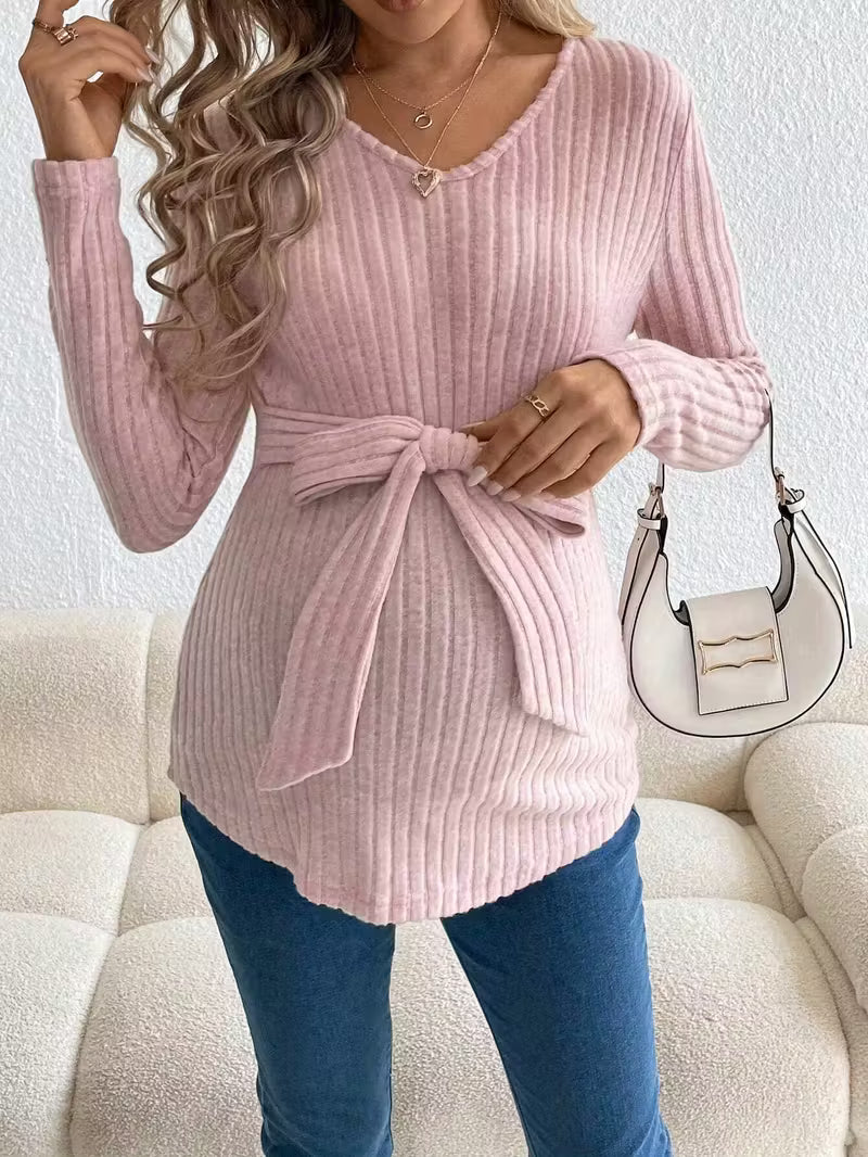 Women’s Maternity Ribbed Knit Top with Waist Tie - Long Sleeve V-Neck Pullover