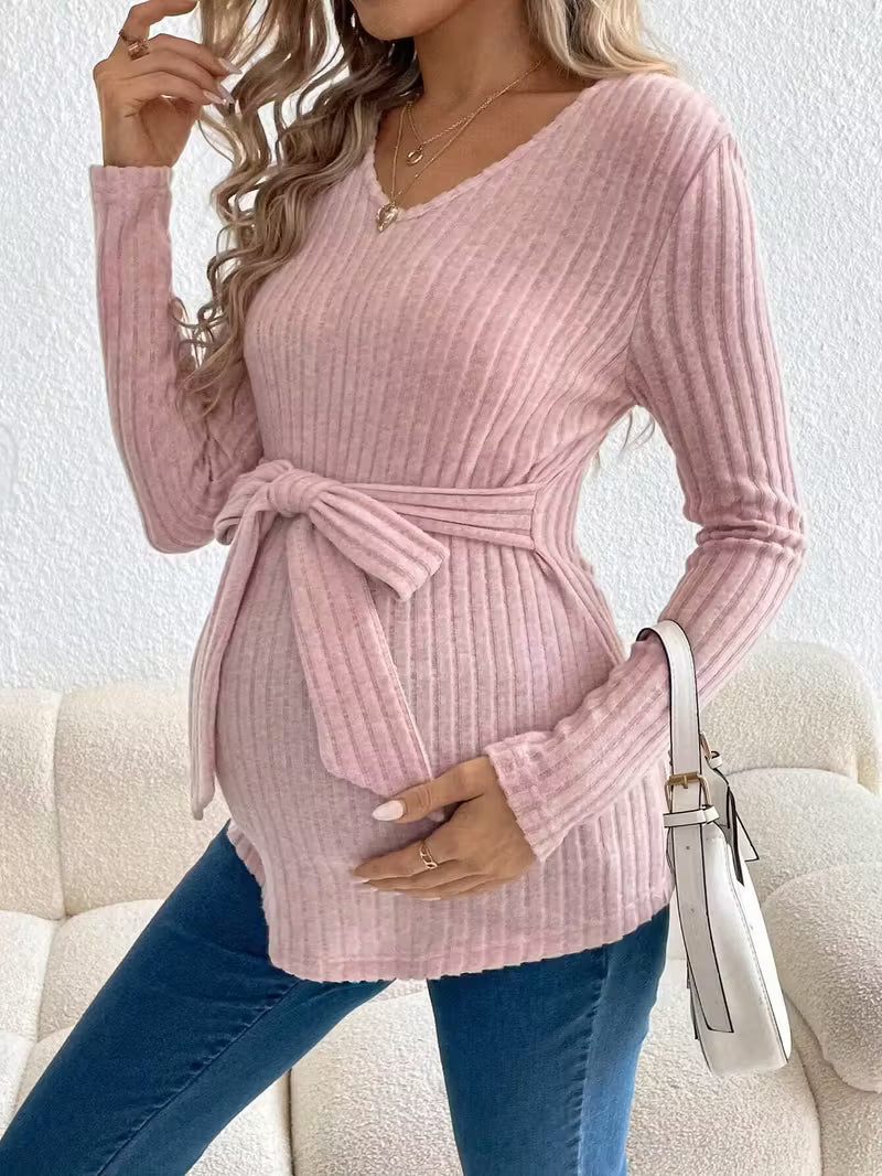 Women’s Maternity Ribbed Knit Top with Waist Tie - Long Sleeve V-Neck Pullover