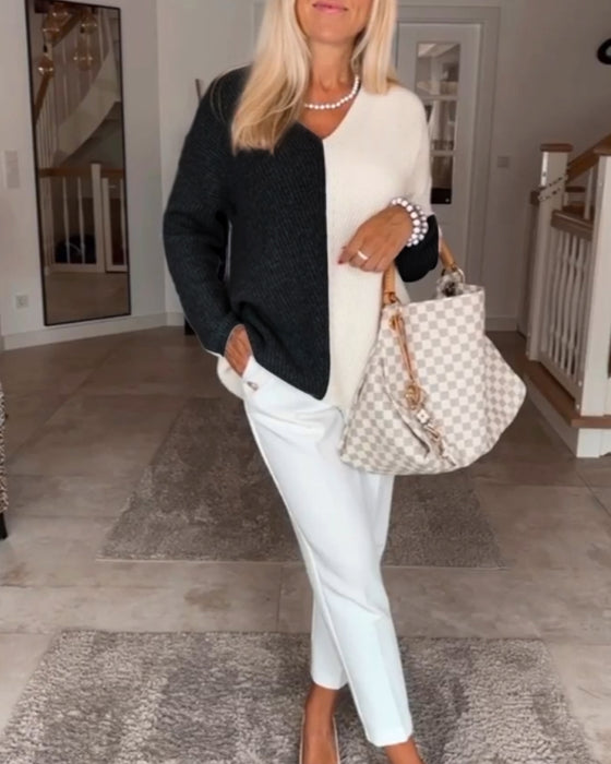 Women’s Two-Tone Knit Cardigan - Relaxed V-Neck Casual Sweater