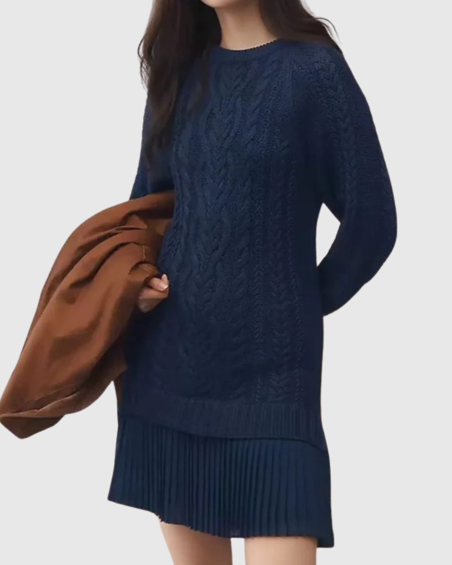 Women’s Cable Knit Pleated Hem Sweater Dress - Cozy Chic Knitwear