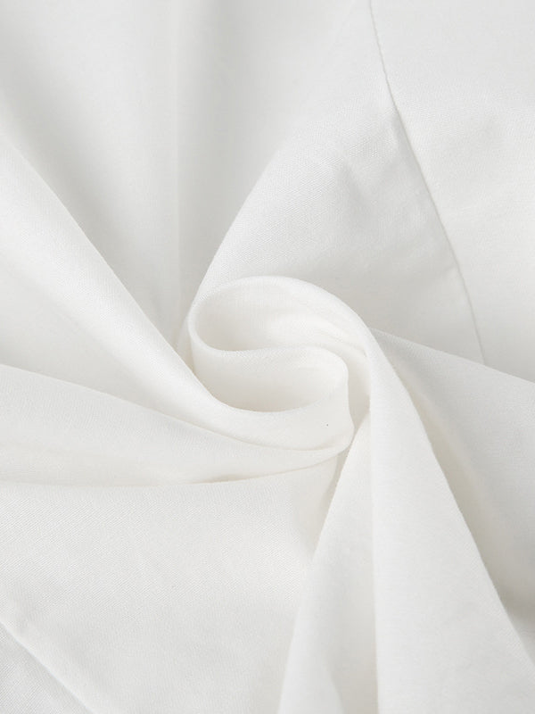 White Vintage V-Neck Short-Sleeve Slim-Waist Shirt