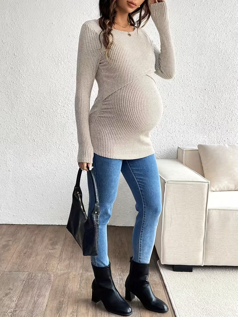 Women’s Maternity Knit Pullover - Soft Ribbed Long Sleeve Nursing Sweater