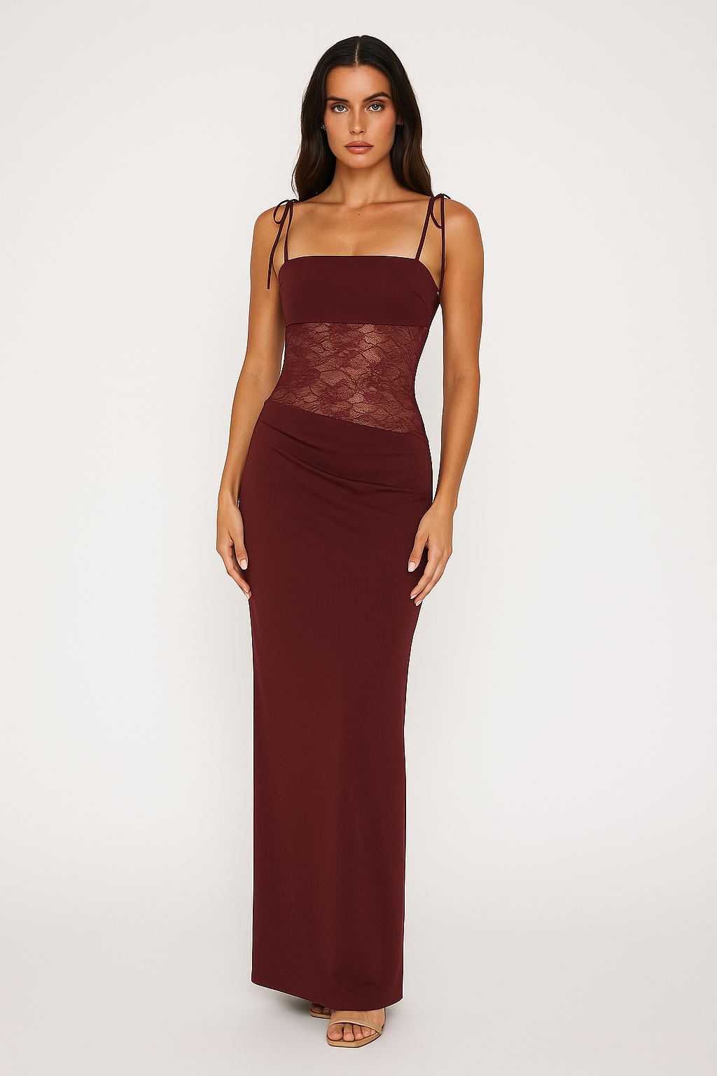 Averra - Sheer Lace Waist Column Gown