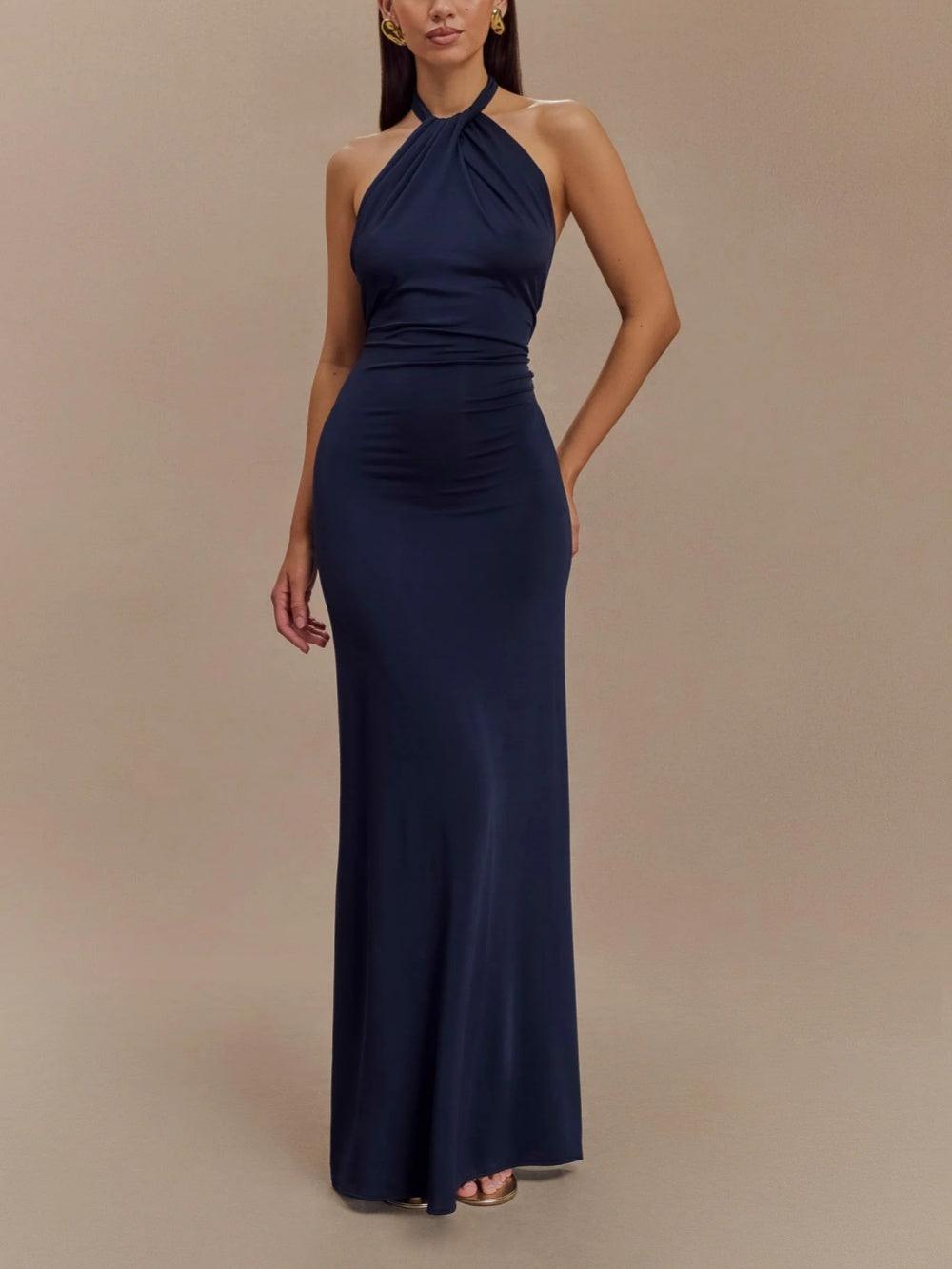 Women’s Halter Neck Maxi Dress - Ruched Waist Sleeveless Formal Evening Gown
