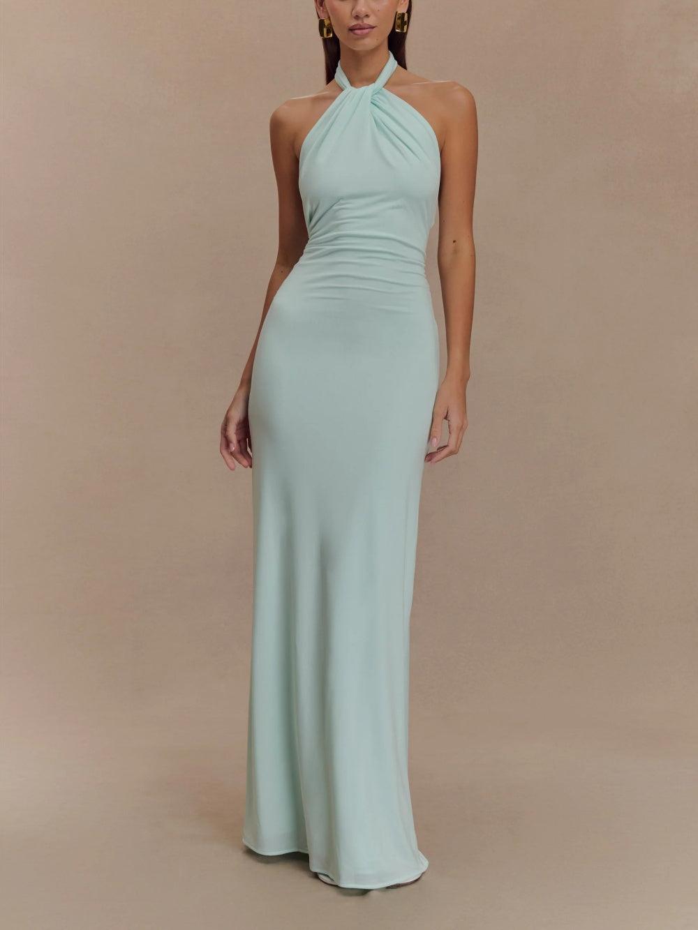 Women’s Halter Neck Maxi Dress - Ruched Waist Sleeveless Formal Evening Gown