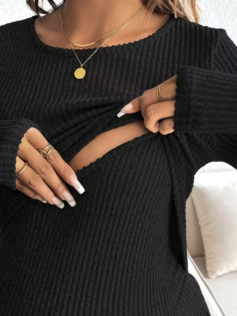 Women’s Maternity Knit Pullover - Soft Ribbed Long Sleeve Nursing Sweater