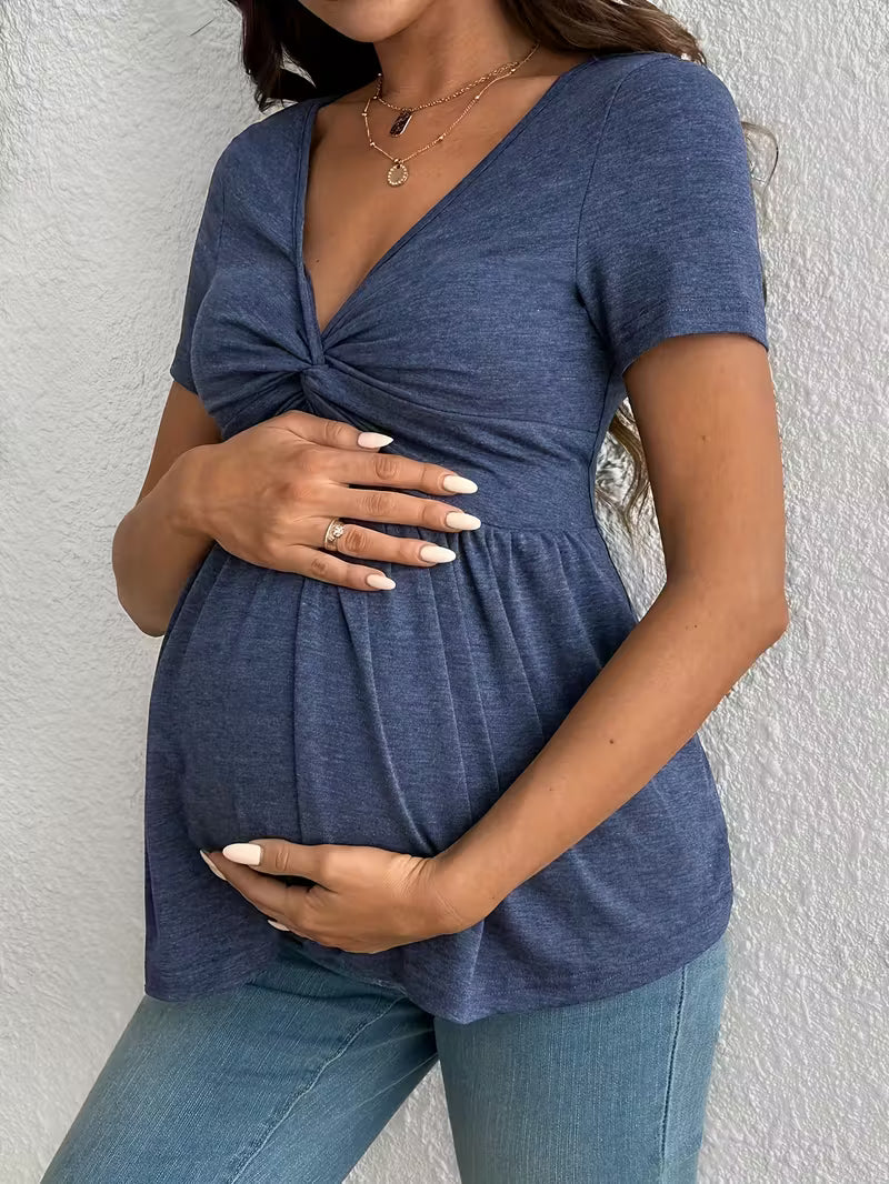 Women’s Maternity Twist Front Top - Short Sleeve V-Neck Pregnancy Blouse