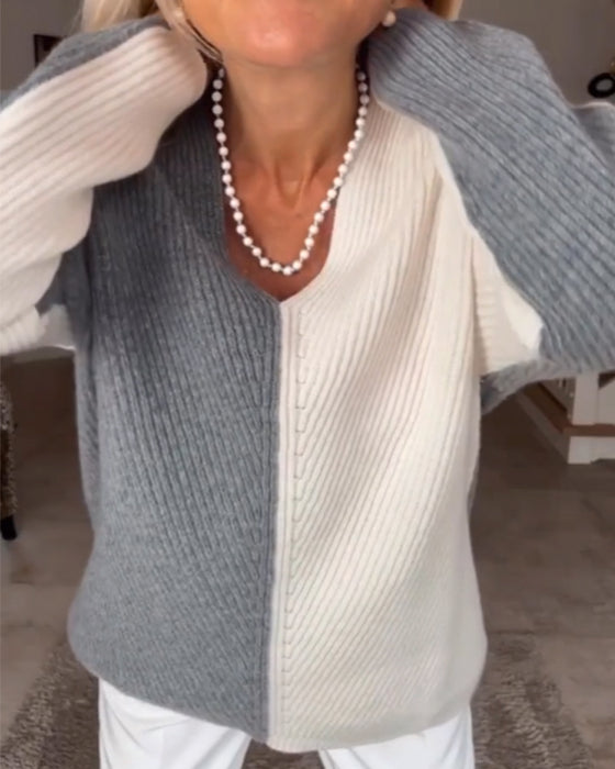 Women’s Two-Tone Knit Cardigan - Relaxed V-Neck Casual Sweater
