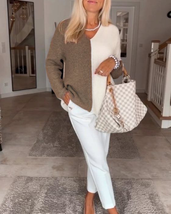 Women’s Two-Tone Knit Cardigan - Relaxed V-Neck Casual Sweater