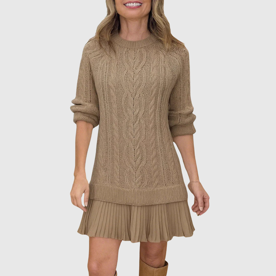 Women’s Cable Knit Pleated Hem Sweater Dress - Cozy Chic Knitwear