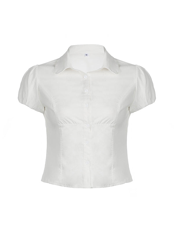 White Vintage V-Neck Short-Sleeve Slim-Waist Shirt