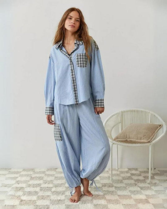 Women’s Lounge Set - Relaxed Button Shirt Drawstring Trousers