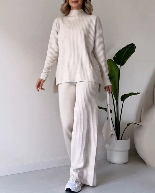 Women’s Ribbed Lounge Set - Long Sleeve Wide Leg Trousers