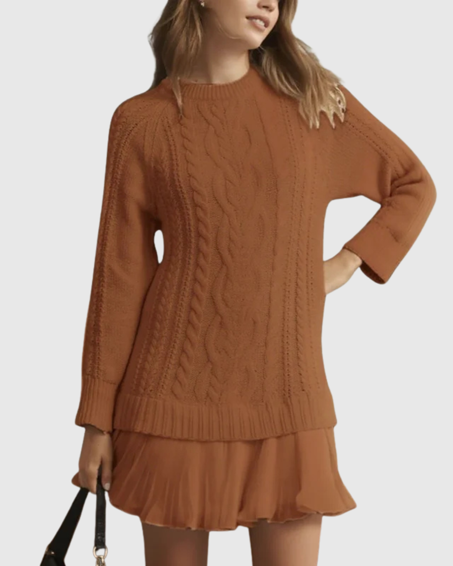 Women’s Cable Knit Pleated Hem Sweater Dress - Cozy Chic Knitwear