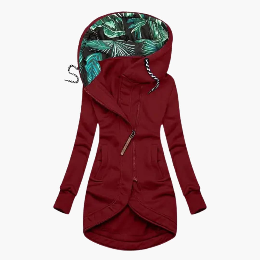 Asymmetrical Zip Hoodie - Tropical Leaf Print Hood