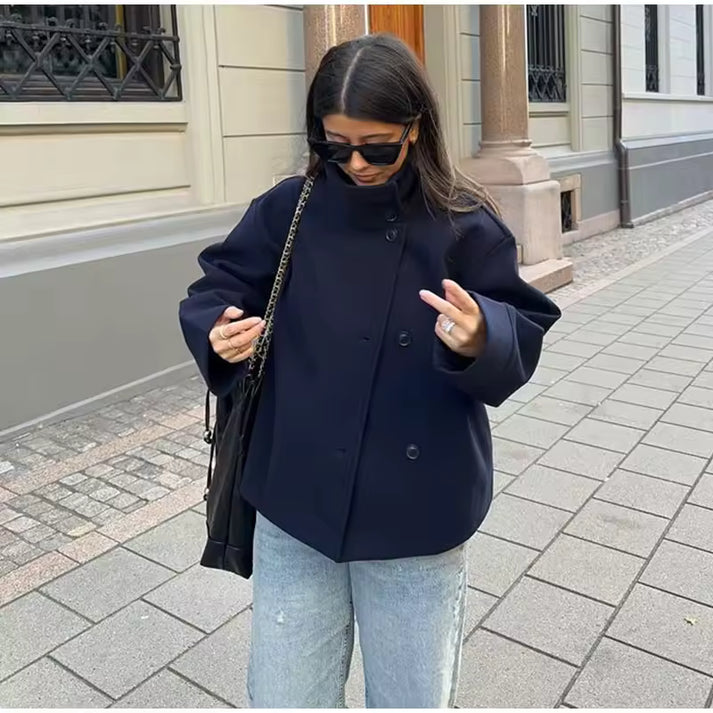 Oversized High-Neck Coat - Asymmetric Button Closure