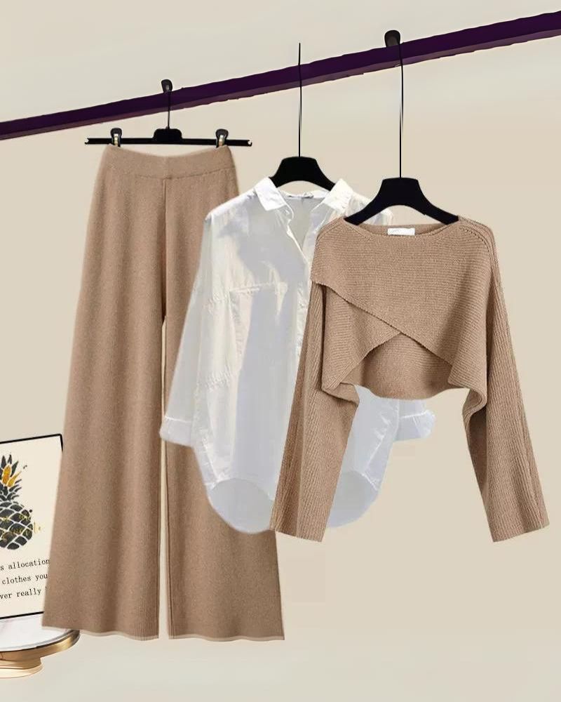 Layered Three-Piece Outfit Set - Shirt, Knit Top Pants