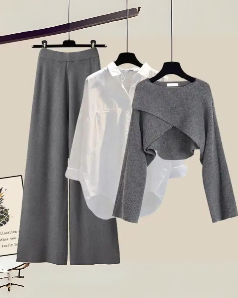 Layered Three-Piece Outfit Set - Shirt, Knit Top Pants