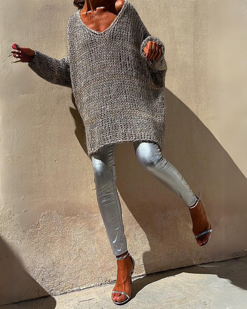 Oversized V-Neck Sweater - Slouchy Knit Top