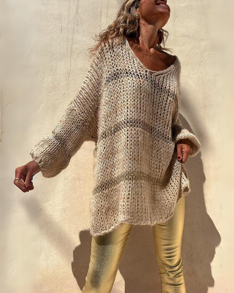 Oversized V-Neck Sweater - Slouchy Knit Top