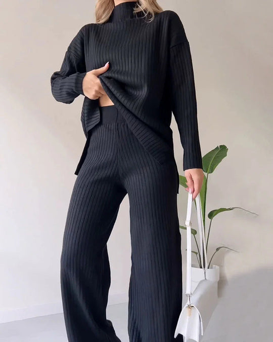 Women’s Ribbed Lounge Set - Long Sleeve Wide Leg Trousers