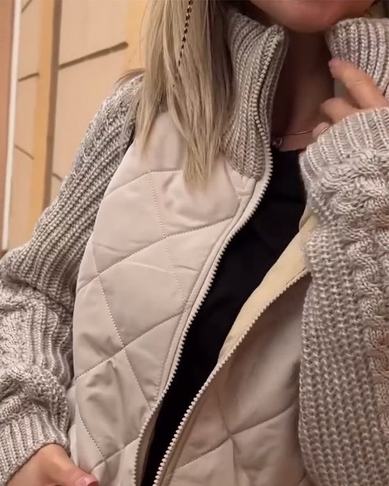 Women’s Quilted Knit-Sleeve Jacket - Casual Zip-Up Layer