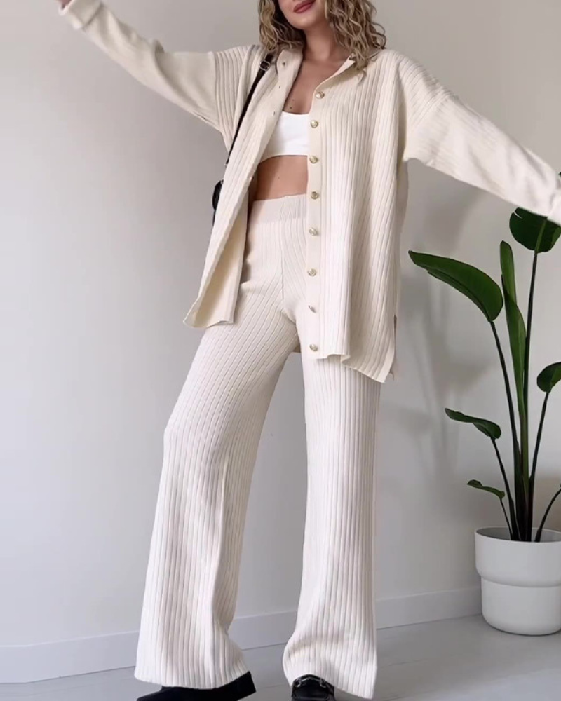 Relaxed Button-Down Co-ord - Longline Shirt Wide-Leg Pants
