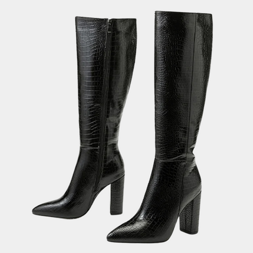 Women’s Knee-High Block Heel Boots - Pointed Toe Croc-Effect