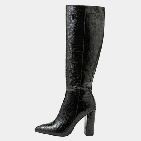 Women’s Knee-High Block Heel Boots - Pointed Toe Croc-Effect