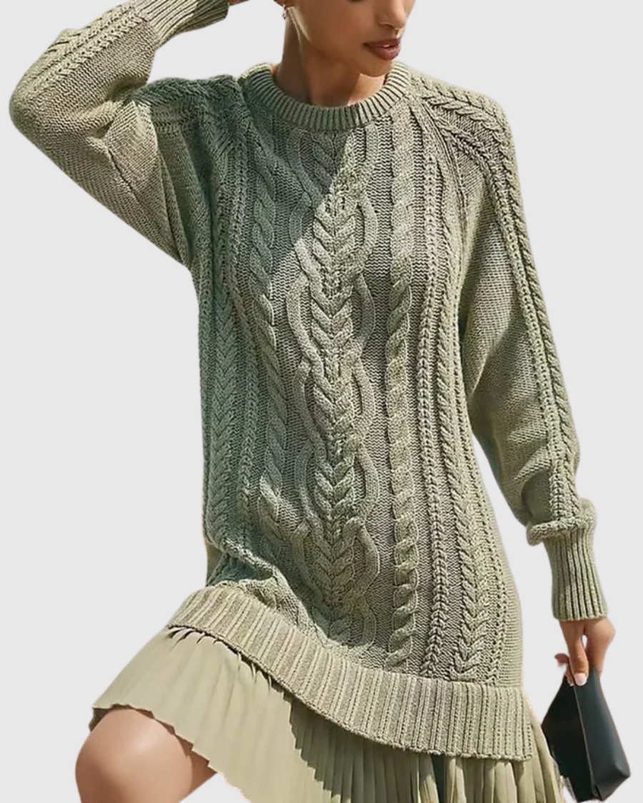 Women’s Cable Knit Pleated Hem Sweater Dress - Cozy Chic Knitwear