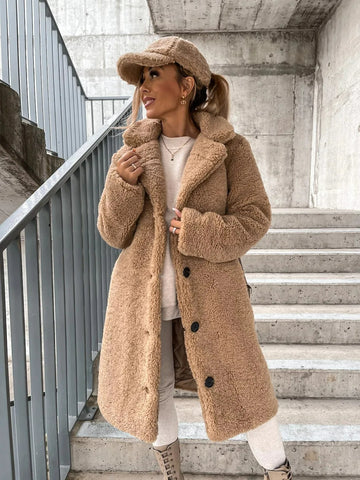 Women’s Long Teddy Coat - Button-Up Oversized Jacket