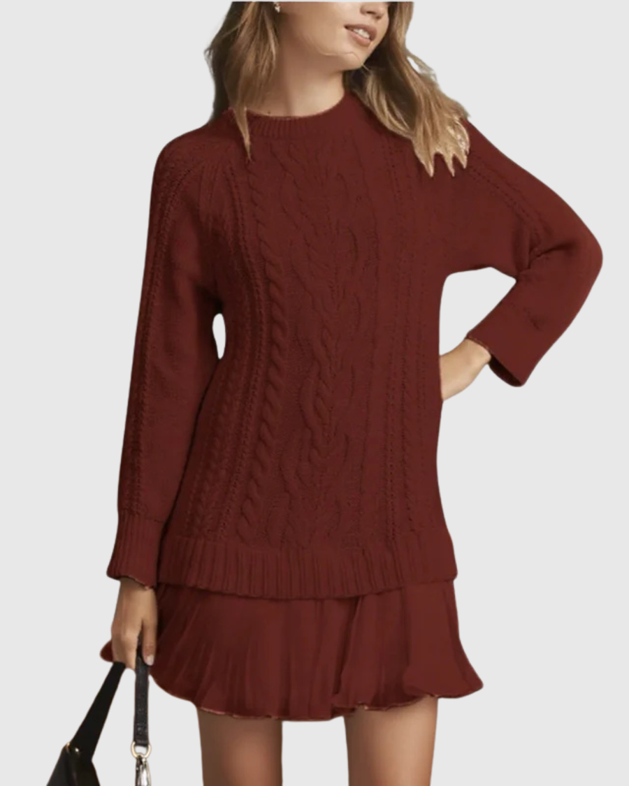 Women’s Cable Knit Pleated Hem Sweater Dress - Cozy Chic Knitwear