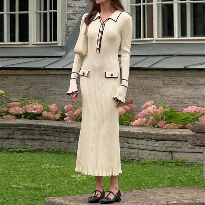 Women’s Contrast Trim Midi Dress - Classic Button-Front Design