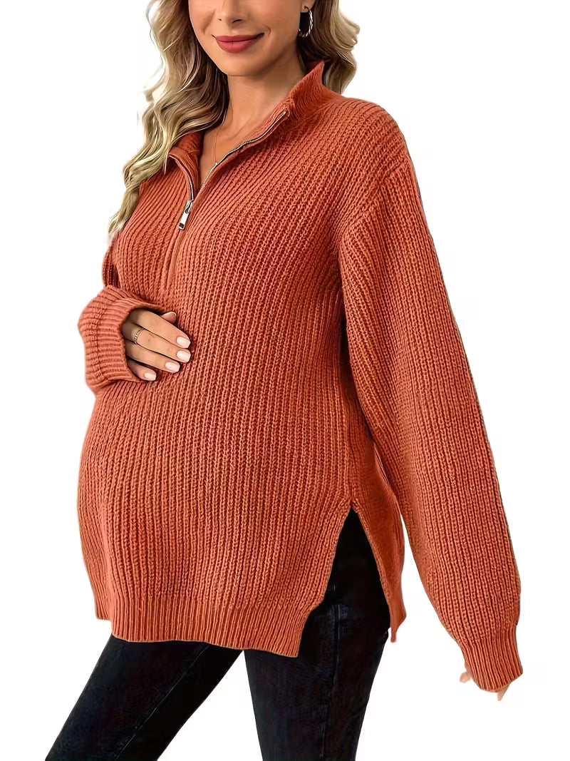 Women’s Maternity Half Zip Knit Pullover - Long Sleeve Oversized Sweater