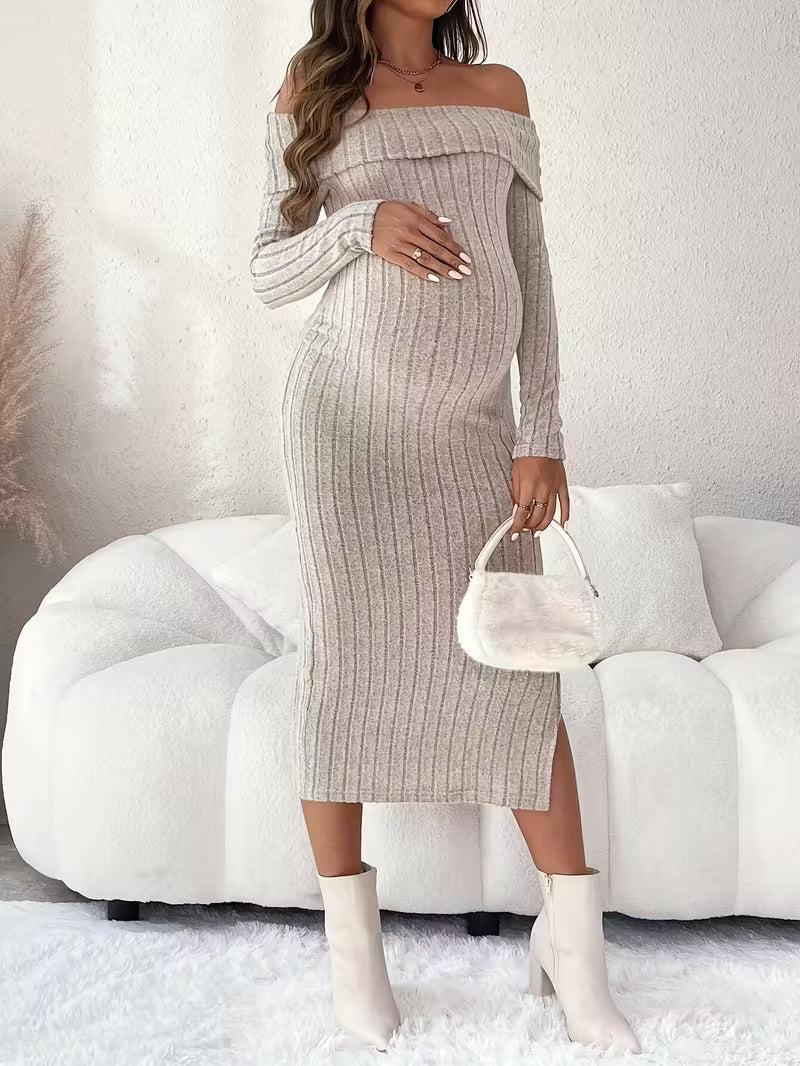 Women’s Maternity Off-Shoulder Ribbed Knit Dress - Long Sleeve Bodycon Midi