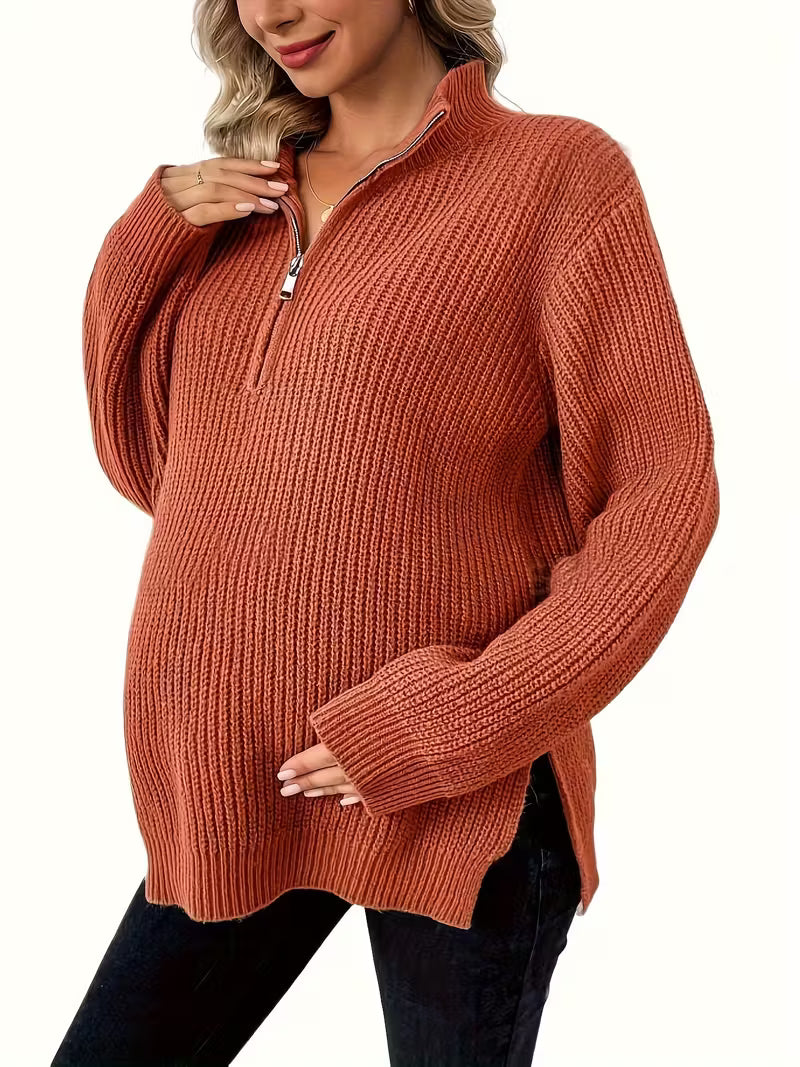 Women’s Maternity Half Zip Knit Pullover - Long Sleeve Oversized Sweater