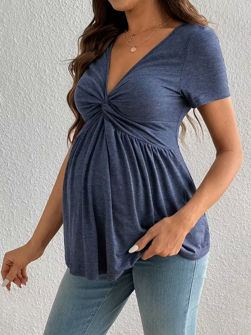Women’s Maternity Twist Front Top - Short Sleeve V-Neck Pregnancy Blouse