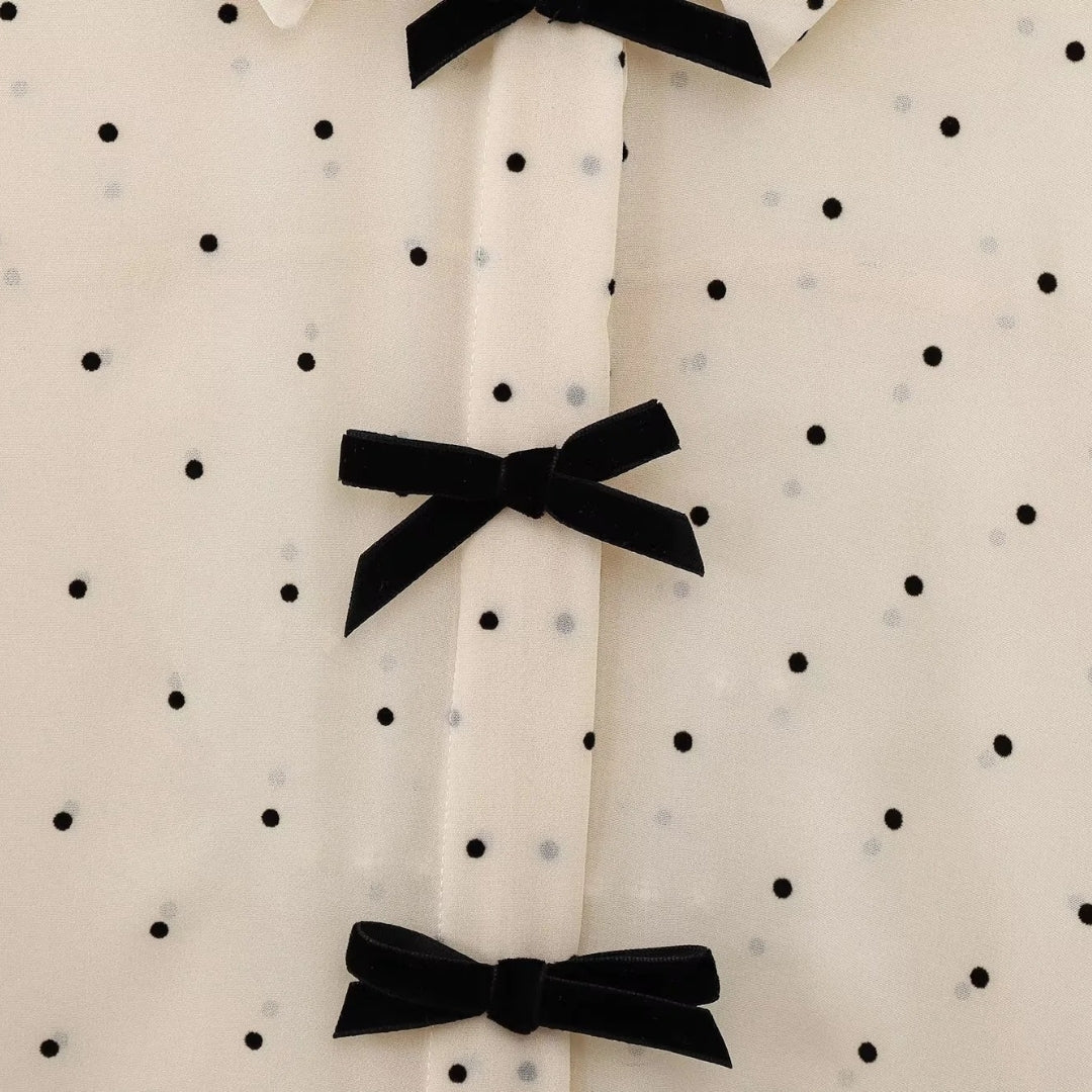 Women's Long-Sleeve Polka Dot Chiffon Blouse With Bow Tie