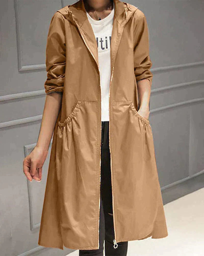 Women’s Lightweight Hooded Longline Windbreaker - Casual Zip-Up Coat