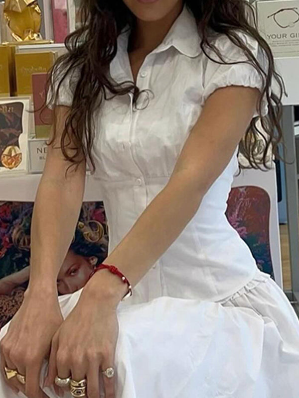 White Vintage V-Neck Short-Sleeve Slim-Waist Shirt