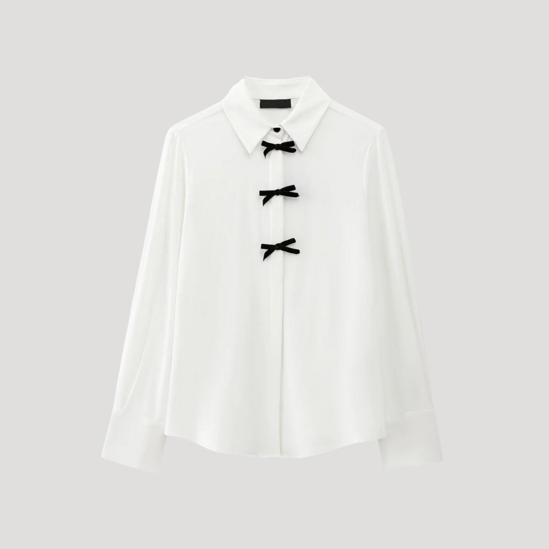 Women's Long-Sleeve Polka Dot Chiffon Blouse With Bow Tie