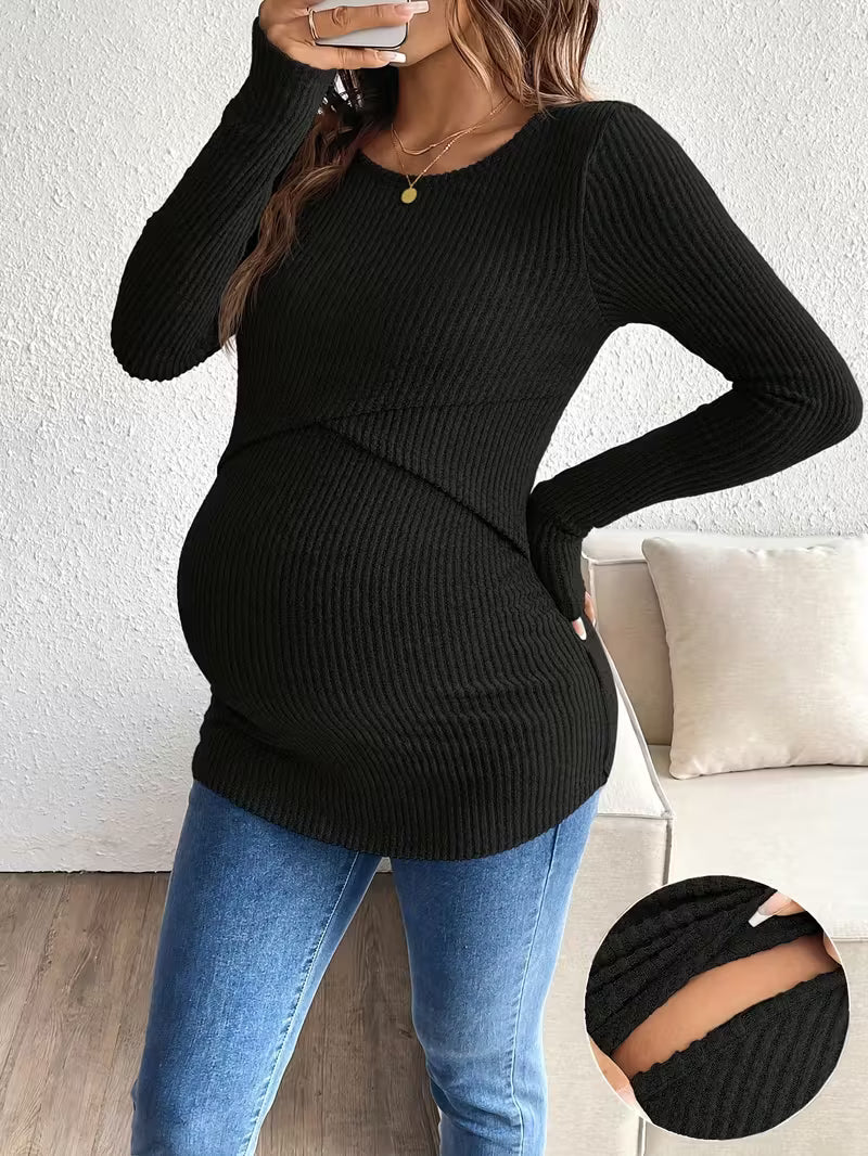 Women’s Maternity Knit Pullover - Soft Ribbed Long Sleeve Nursing Sweater