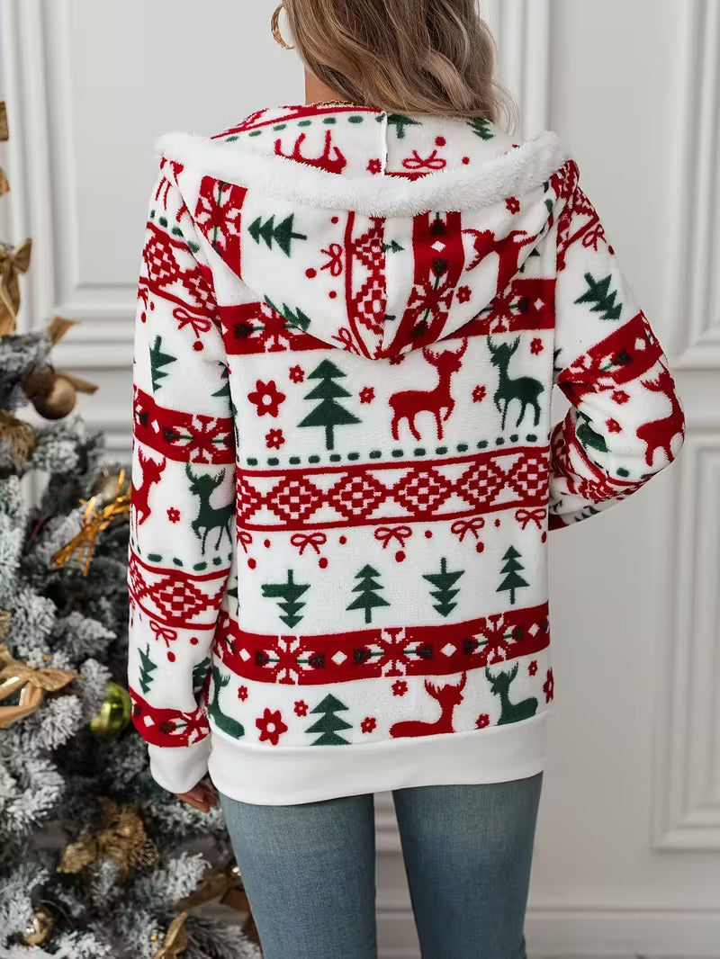Women’s Christmas Zip-Up Hoodie - Festive Reindeer Tree Print Jacket